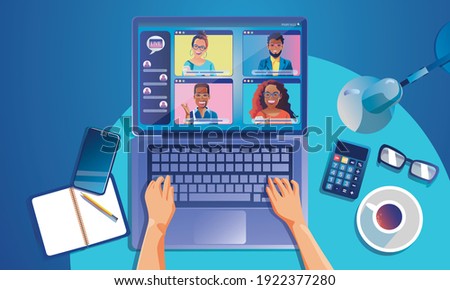 Virtual event People use Video conference landing Working Businessman on window screen taking with colleagues. Videoconferencing and online meeting workspace page, man and woman learning Vector, Flat