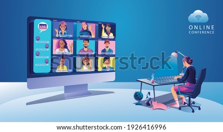 Virtual event People use Video conference landing Working Businessman on window screen taking with colleagues. Videoconferencing and online meeting workspace page, man and woman learning Vector, Flat