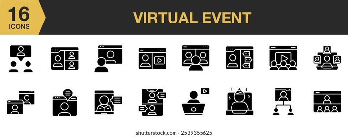 Virtual Event solid icon set. Includes Virtual, Event, Video, Conference, Call, Communications, Browser, and More. Solid icons vector collection.