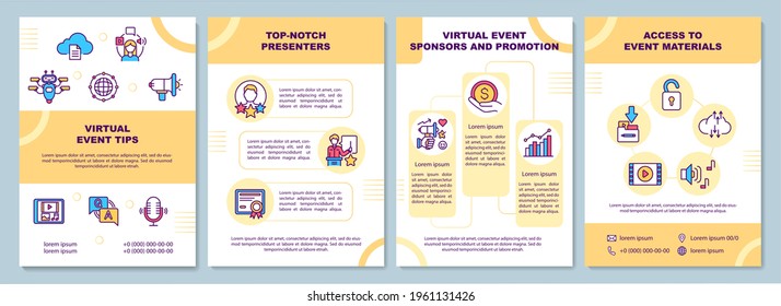 Virtual event tips brochure template. Promotion. Access to material. Flyer, booklet, leaflet print, cover design with linear icons. Vector layouts for presentation, annual reports, advertisement pages