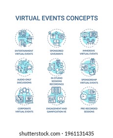 Virtual Events Concept Icons Set. Live Stream Idea Thin Line RGB Color Illustrations. Sponsored Giveaways. Corporate Virtual Events. Gamification VE. Vector Isolated Outline Drawings. Editable Stroke