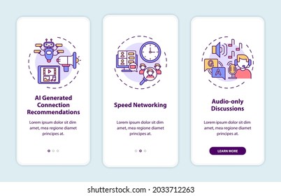 Virtual events for networking onboarding mobile app page screen with concepts. Audio discussions walkthrough 3 steps graphic instructions. UI, UX, GUI vector template with linear color illustrations