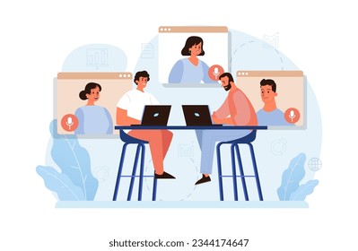 Virtual events. Online education, conference, exhibition, friends meeting, business video call. Communication through the Internet. Flat vector illustration