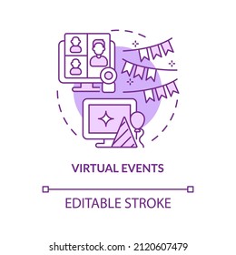 Virtual events purple concept icon. Internet campaign. Marketing trend abstract idea thin line illustration. Isolated outline drawing. Editable stroke. Arial, Myriad Pro-Bold fonts used