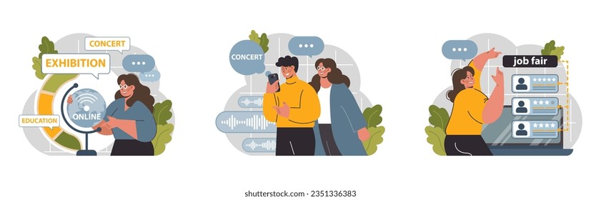 Virtual events set. Online education, conference, exhibition, friends meeting, business video call. Communication through the Internet. Flat vector illustration