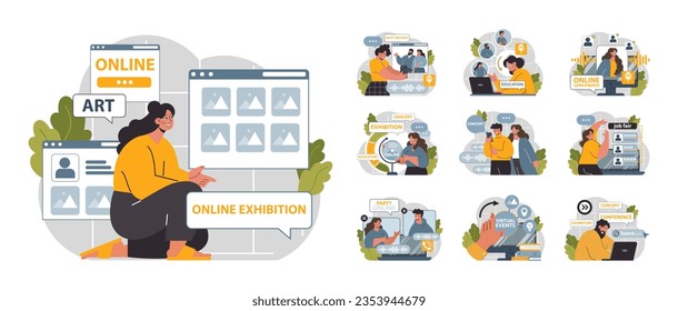 Virtual events set. Online education, conference, exhibition, friends meeting, business video call. Communication through the Internet. Flat vector illustration