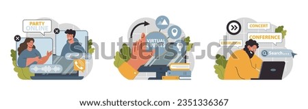 Virtual events set. Online education, conference, exhibition, friends meeting, business video call. Communication through the Internet. Flat vector illustration