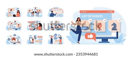 Virtual events set. Online education, conference, exhibition, friends meeting, business video call. Communication through the Internet. Flat vector illustration