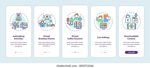 Virtual events success tips onboarding mobile app page screen with concepts. Activities, pollings walkthrough 5 steps graphic instructions. UI, UX, GUI vector template with linear color illustrations