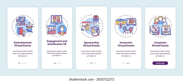 Virtual events types onboarding mobile app page screen with concepts. Entertainment, engagement walkthrough 5 steps graphic instructions. UI, UX, GUI vector template with linear color illustrations