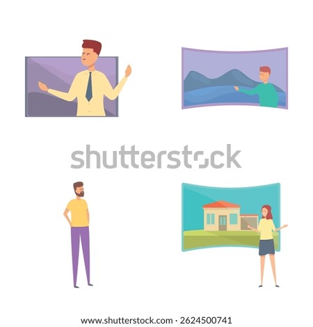 Virtual excursion icons set cartoon vector. Art gallery tour in smartphone. Internet technology
