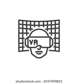Virtual Experience line icon. linear style sign for mobile concept and web design. Person with VR goggles exploring virtual world outline vector icon. Symbol, logo illustration. Vector graphics