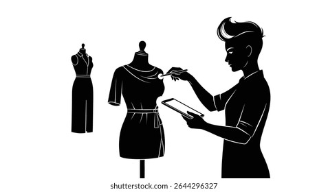 Virtual Fashion Designer Adjusting Digital Outfit: Future of Couture