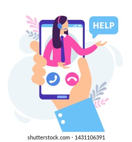 Virtual female assistant. Personal assistants service, technical support chat and personal online hotline consult. Business customer service advice, supporting operator in headset vector illustration
