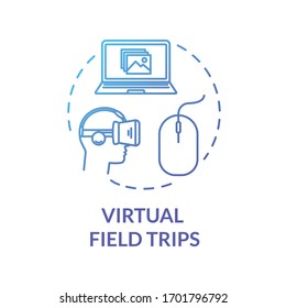 Virtual field trip blue concept icon. VR glasses for student education. Digital museum. Studying during quarantine idea thin line illustration. Vector isolated outline RGB color drawing