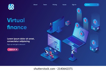 Virtual finance concept 3d isometric web landing page. People manage financial account using online banking, making money transaction and online payment. Vector illustration for web template design