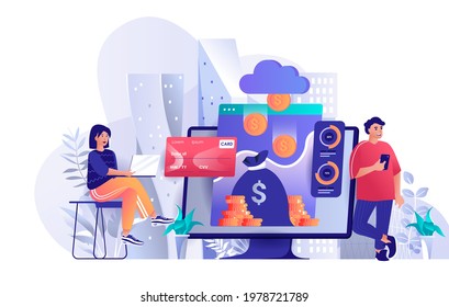 Virtual finance concept in flat design. Online banking and accounting scene template. Man and woman pay online, financial transactions, bank tools. Vector illustration of people characters activities