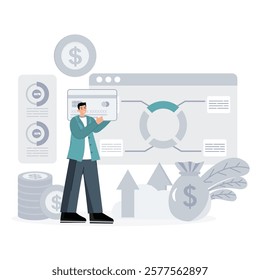 Virtual finance concept. a person manages personal finances in a personal account, makes transactions, tops up balances and makes non-cash payments. Flat vector illustration for web template.