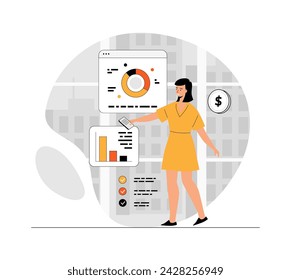 Virtual finance. Data science. Woman making research of statistics and analyzes datum at web pages. Illustration with people scene in flat design for website and mobile development.	
