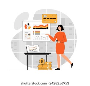 Virtual finance. Financial accounting. Woman use online banking, pay online with credit card. Illustration with people scene in flat design for website and mobile development.	
