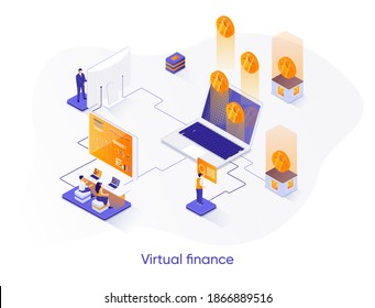 Virtual finance isometric web banner. Internet banking service isometry concept. Financial management 3d scene, online money transaction and payment design. Vector illustration with people characters.