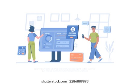 Virtual finance. Online banking and accounting. Online paying, financial transactions, accounting research. Cartoon modern flat vector illustration for banner, website design, landing page.