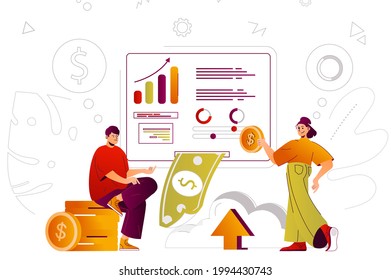 Concepto web de finanzas virtuales. Banca en línea, contabilidad, transacciones monetarias. Escena de personas con diseño de caracteres de línea plana para sitio web. Ilustración vectorial para materiales promocionales de medios sociales