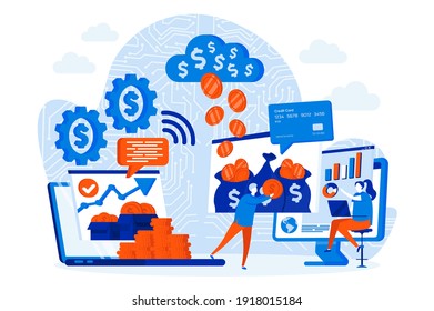Virtual finance Web Design Konzept mit Menschen Zeichen. Online-Szene der Finanzverwaltung. Internetbankkomposition im Flachstil. Vektorgrafik für Werbematerialien für soziale Medien.