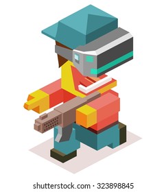 Virtual first person shooter. Isometric vector illustration