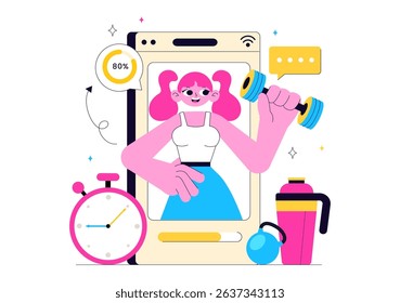 Virtual Fitness App Illustration Featuring People Enjoying Online Classes Using a Mobile Application to Promote Wellness and Healthy Lifestyle Trends