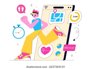Virtual Fitness App Illustration Featuring People Enjoying Online Classes Using a Mobile Application to Promote Wellness and Healthy Lifestyle Trends