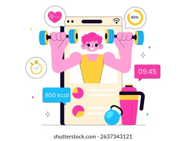 Virtual Fitness App Illustration Featuring People Enjoying Online Classes Using a Mobile Application to Promote Wellness and Healthy Lifestyle Trends