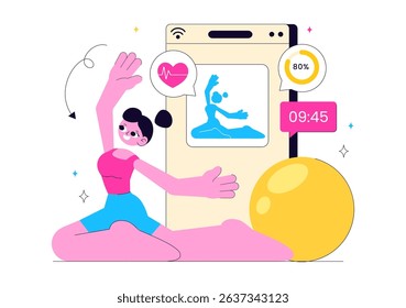 Virtual Fitness App Illustration Featuring People Enjoying Online Classes Using a Mobile Application to Promote Wellness and Healthy Lifestyle Trends