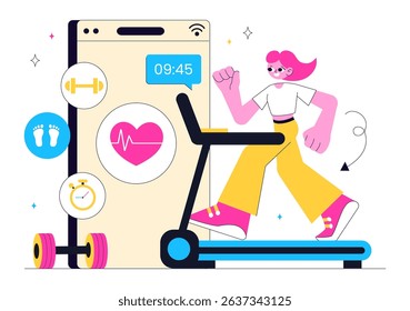 Virtual Fitness App Illustration Featuring People Enjoying Online Classes Using a Mobile Application to Promote Wellness and Healthy Lifestyle Trends