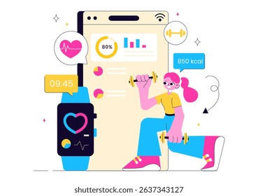 Virtual Fitness App Illustration Featuring People Enjoying Online Classes Using a Mobile Application to Promote Wellness and Healthy Lifestyle Trends