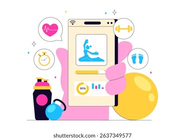 Virtual Fitness App Illustration Featuring People Enjoying Online Classes Using a Mobile Application to Promote Wellness and Healthy Lifestyle Trends
