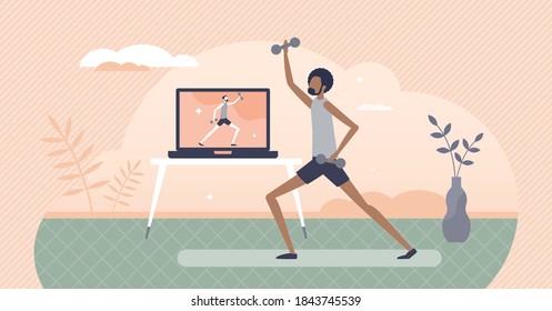 Virtual Fitness As Distant Workout And Sport Activity Tiny Person Concept. Online Trainer Or Coach Video Stream As Example With Healthy Strength And Good Shape Program For Home Vector Illustration.