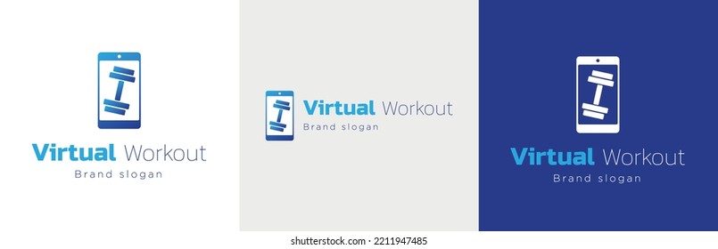 Virtual Fitness Logo Design Set, Online Exercise Lesson Business Symbol, Aerobics Video Instructor Emblem Concept, Web Activity Editable Commercial Logotype, Sports Class, Dumbbell Branding, Isolated