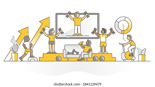 Virtual Fitness Training With Distant Gym Trainer Monocolor Outline Concept. Digital App For Sport Exercise Activity Vector Illustration. Healthy Physical Shape From Smart Workout Application Usage.