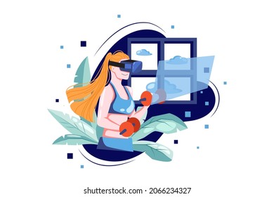 Virtual Fitness using VR Tech Illustration concept. Flat illustration isolated on white background.