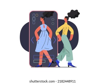 Virtual fitting - Online shopping and electronic commerce series - modern flat vector concept illustration of a woman fitting clothes in app. Promotion, discounts, sale and online orders concept