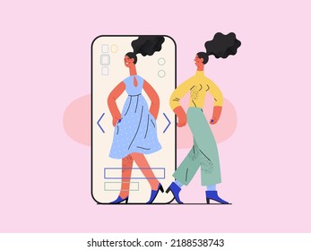Virtual fitting - Online shopping and electronic commerce series - modern flat vector concept illustration of a woman fitting clothes in app. Promotion, discounts, sale and online orders concept