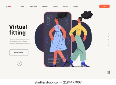 Virtual fitting - Online shopping and electronic commerce web template - modern flat vector concept illustration of a woman fitting clothes in app. Promotion, discounts, sale and online orders