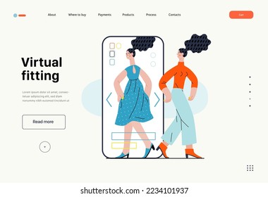 Virtuelle Ausstattung - Online-Shopping und E-Commerce-Serie - moderne flache Vektorgrafik einer Frau, die Kleidung in ca. Konzept der Verkaufsförderung, Rabatte, des Verkaufs und der Online-Bestellungen