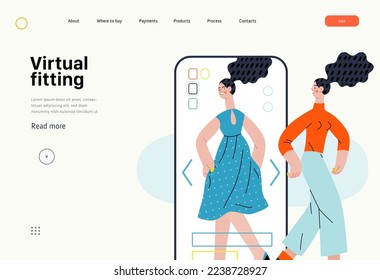Virtuelle Ausstattung - Online-Shopping und E-Commerce-Serie - moderne flache Vektorgrafik einer Frau, die Kleidung in ca. Konzept der Verkaufsförderung, Rabatte, des Verkaufs und der Online-Bestellungen