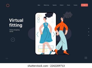 Virtual fitting - Online shopping and electronic commerce series - modern flat vector concept illustration of a woman fitting clothes in app. Promotion, discounts, sale and online orders concept