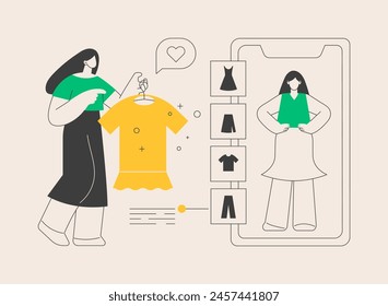 Virtual fitting room abstract concept vector illustration. Virtual fitting 3d, online dressing room, e-commerce, augmented reality clothing changing, digital mirror, body scan abstract metaphor.