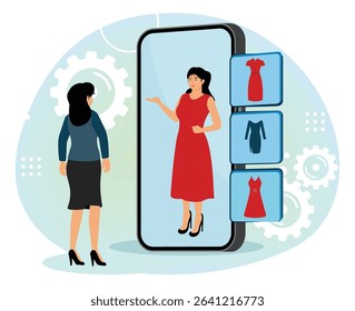 Virtual Fitting Room concept. A woman uses a smart phone application to change virtual clothes through a virtual dressing room on the smart phone screen.