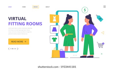 Virtual fitting room. Landing page template. Woman buys clothes, augmented reality app on a smartphone. Vector illustration in a modern flat style.