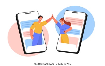 Virtual friend concept. Man and woman high five each other through smartphone screen. Communication and interaction on internet. Chatting in social networks. Cartoon flat vector illustration